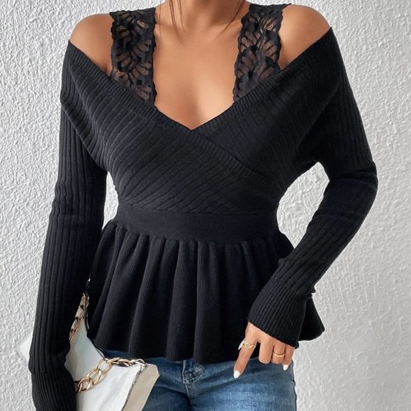 . Sweaters - Black Womens Cold Shoulder Sweater
